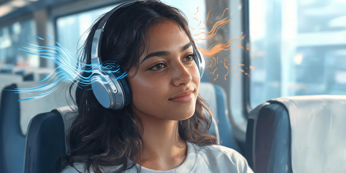 Una joven con auriculares de diadema viaja sentada en un transporte público, con efectos gráficos abstractos que emanan de los cascos representando el sonido.