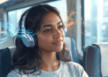 Una joven con auriculares de diadema viaja sentada en un transporte público, con efectos gráficos abstractos que emanan de los cascos representando el sonido.