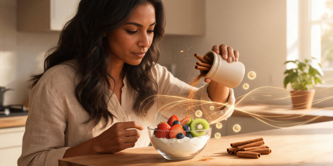 Una mujer vierte canela en polvo sobre un tazón de yogur con frutas frescas como fresas, kiwi y arándanos en una mesa de madera.