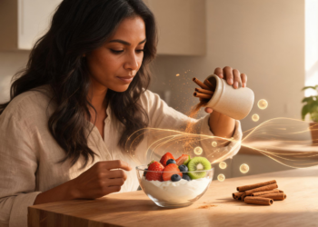 Una mujer vierte canela en polvo sobre un tazón de yogur con frutas frescas como fresas, kiwi y arándanos en una mesa de madera.