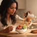 Una mujer vierte canela en polvo sobre un tazón de yogur con frutas frescas como fresas, kiwi y arándanos en una mesa de madera.