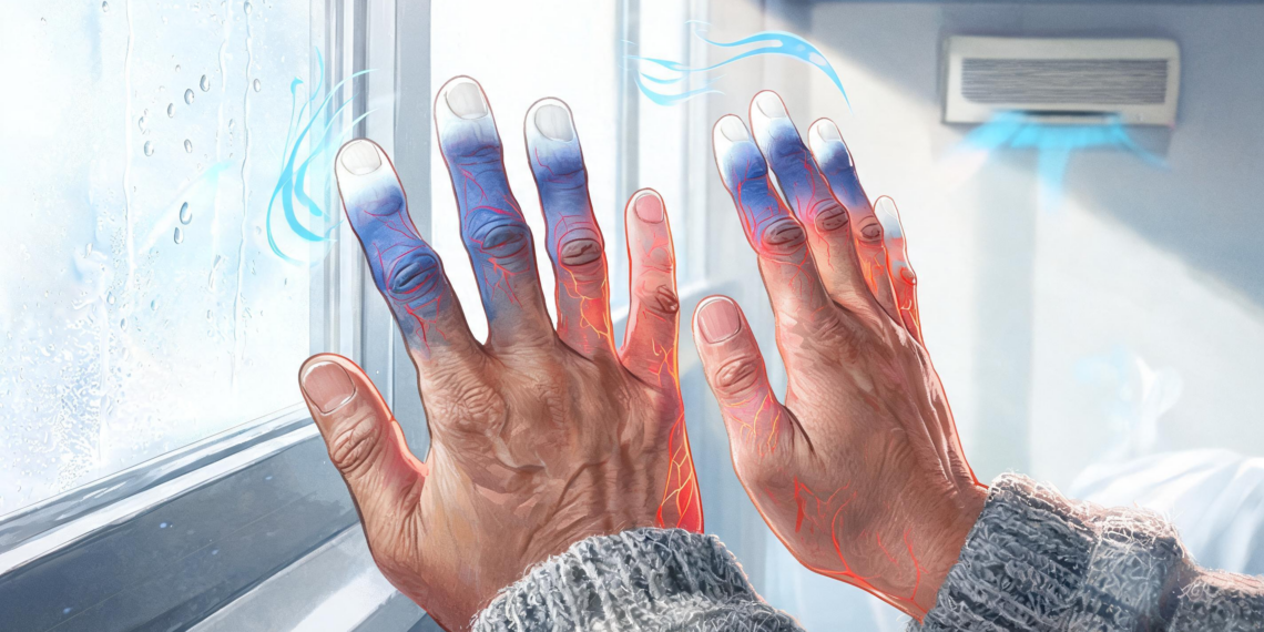 Primer plano de dos manos cuyas puntas de los dedos se tornan blancas y azules debido al frío, ilustrando los síntomas característicos del fenómeno de Raynaud junto a una ventana con condensación y bajo el flujo de un aire acondicionado.