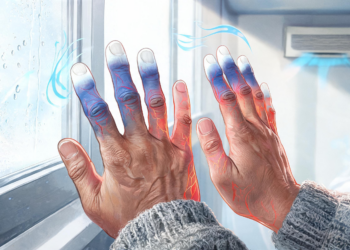 Primer plano de dos manos cuyas puntas de los dedos se tornan blancas y azules debido al frío, ilustrando los síntomas característicos del fenómeno de Raynaud junto a una ventana con condensación y bajo el flujo de un aire acondicionado.