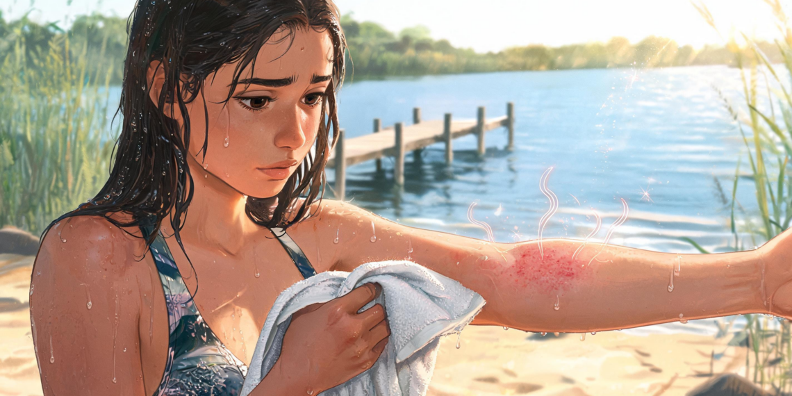 Una mujer joven con el cabello mojado observa con preocupación una erupción roja e irritada en su antebrazo tras nadar en un lago, ilustrando los síntomas de la dermatitis del nadador.