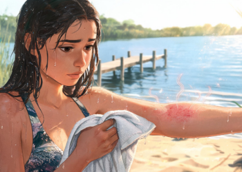 Una mujer joven con el cabello mojado observa con preocupación una erupción roja e irritada en su antebrazo tras nadar en un lago, ilustrando los síntomas de la dermatitis del nadador.