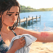 Una mujer joven con el cabello mojado observa con preocupación una erupción roja e irritada en su antebrazo tras nadar en un lago, ilustrando los síntomas de la dermatitis del nadador.