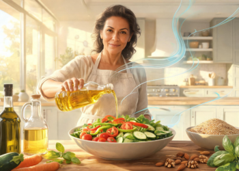 Mujer en una cocina luminosa vertiendo aceite desde una botella de cristal sobre una ensalada fresca, con efectos visuales abstractos que sugieren frescura y nutrición.
