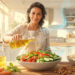 Mujer en una cocina luminosa vertiendo aceite desde una botella de cristal sobre una ensalada fresca, con efectos visuales abstractos que sugieren frescura y nutrición.