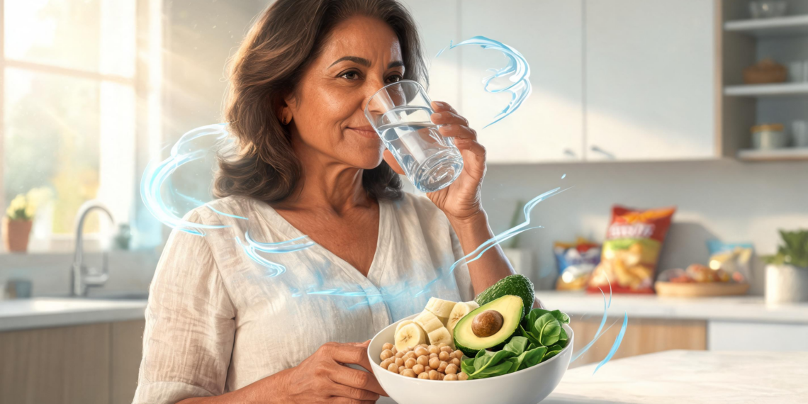 Una mujer madura sonríe mientras bebe un vaso de agua en una cocina luminosa, sosteniendo un tazón con alimentos saludables como aguacate, garbanzos, plátano y espinacas.