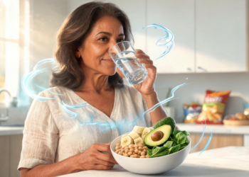 Una mujer madura sonríe mientras bebe un vaso de agua en una cocina luminosa, sosteniendo un tazón con alimentos saludables como aguacate, garbanzos, plátano y espinacas.