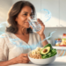 Una mujer madura sonríe mientras bebe un vaso de agua en una cocina luminosa, sosteniendo un tazón con alimentos saludables como aguacate, garbanzos, plátano y espinacas.