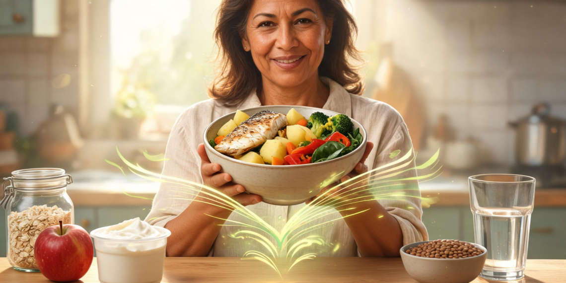 Una mujer sonriente sostiene un tazón con pescado, patatas y verduras, rodeada de alimentos saludables y saciantes como avena, una manzana, yogur y lentejas en una cocina iluminada.
