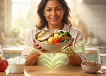Una mujer sonriente sostiene un tazón con pescado, patatas y verduras, rodeada de alimentos saludables y saciantes como avena, una manzana, yogur y lentejas en una cocina iluminada.