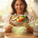 Una mujer sonriente sostiene un tazón con pescado, patatas y verduras, rodeada de alimentos saludables y saciantes como avena, una manzana, yogur y lentejas en una cocina iluminada.