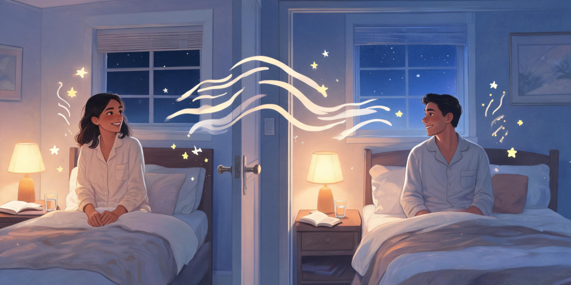 Ilustración de una pareja en habitaciones separadas por una pared, ambos sentados en sus respectivas camas y mirándose con una sonrisa en un ambiente nocturno y acogedor.