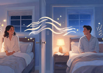 Ilustración de una pareja en habitaciones separadas por una pared, ambos sentados en sus respectivas camas y mirándose con una sonrisa en un ambiente nocturno y acogedor.