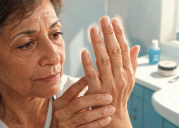 Mujer mayor examinando detalladamente los surcos y líneas verticales en las uñas de su mano frente a un lavabo.