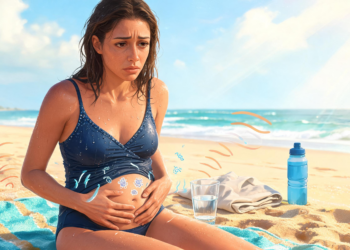 Una mujer sentada en una toalla de playa sujeta su abdomen inferior con una expresión de dolor y malestar. Varias ilustraciones pequeñas de bacterias espinosas azules y moradas, junto con líneas onduladas de malestar, están superpuestas sobre su vientre, simbolizando una infección. Al fondo se ve un mar azul y un cielo soleado.