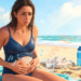 Una mujer sentada en una toalla de playa sujeta su abdomen inferior con una expresión de dolor y malestar. Varias ilustraciones pequeñas de bacterias espinosas azules y moradas, junto con líneas onduladas de malestar, están superpuestas sobre su vientre, simbolizando una infección. Al fondo se ve un mar azul y un cielo soleado.
