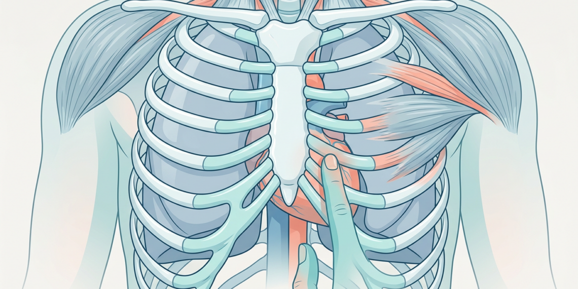Ilustración médica del tórax que compara visualmente el dolor torácico cardíaco y musculoesquelético.