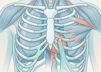 Ilustración médica del tórax que compara visualmente el dolor torácico cardíaco y musculoesquelético.