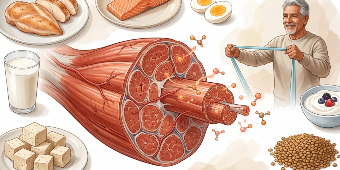Ilustración de un corte transversal de un músculo rodeado de alimentos ricos en proteínas, junto a un hombre mayor realizando ejercicio con una banda elástica.