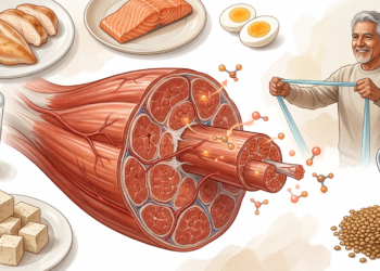 Ilustración de un corte transversal de un músculo rodeado de alimentos ricos en proteínas, junto a un hombre mayor realizando ejercicio con una banda elástica.