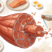 Ilustración de un corte transversal de un músculo rodeado de alimentos ricos en proteínas, junto a un hombre mayor realizando ejercicio con una banda elástica.