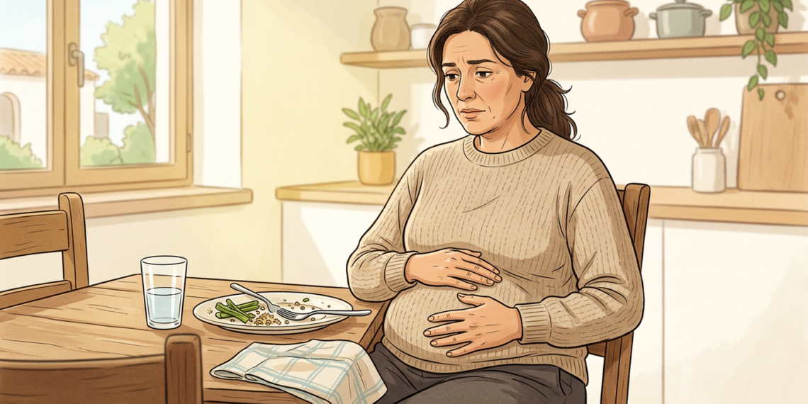 Ilustración de una mujer sentada en la mesa de su cocina, con expresión de preocupación y malestar, sosteniendo con ambas manos su abdomen hinchado después de comer.
