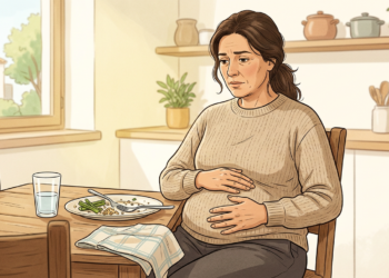 Ilustración de una mujer sentada en la mesa de su cocina, con expresión de preocupación y malestar, sosteniendo con ambas manos su abdomen hinchado después de comer.