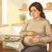 Ilustración de una mujer sentada en la mesa de su cocina, con expresión de preocupación y malestar, sosteniendo con ambas manos su abdomen hinchado después de comer.