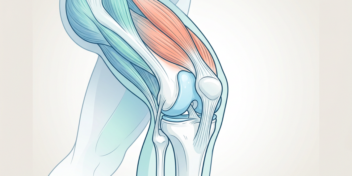 Ilustración médica de la anatomía de la rodilla humana en vista lateral, mostrando los huesos, músculos y el cartílago articular.