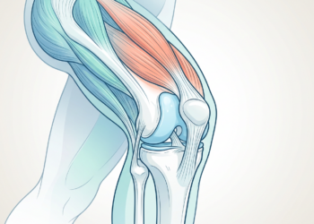 Ilustración médica de la anatomía de la rodilla humana en vista lateral, mostrando los huesos, músculos y el cartílago articular.