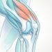 Ilustración médica de la anatomía de la rodilla humana en vista lateral, mostrando los huesos, músculos y el cartílago articular.