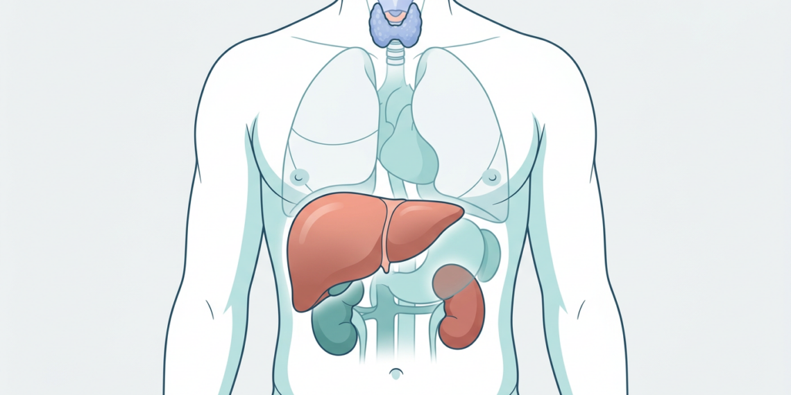 Ilustración médica del torso humano que destaca visualmente el hígado, los riñones y la glándula tiroides.