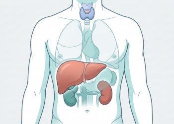 Ilustración médica del torso humano que destaca visualmente el hígado, los riñones y la glándula tiroides.