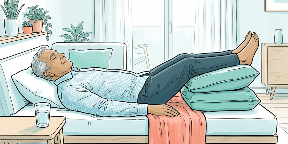 Ilustración de un hombre con cabello canoso recostado en un sofá con los ojos cerrados y las piernas elevadas sobre almohadas, descansando en un ambiente doméstico.