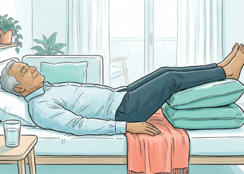 Ilustración de un hombre con cabello canoso recostado en un sofá con los ojos cerrados y las piernas elevadas sobre almohadas, descansando en un ambiente doméstico.