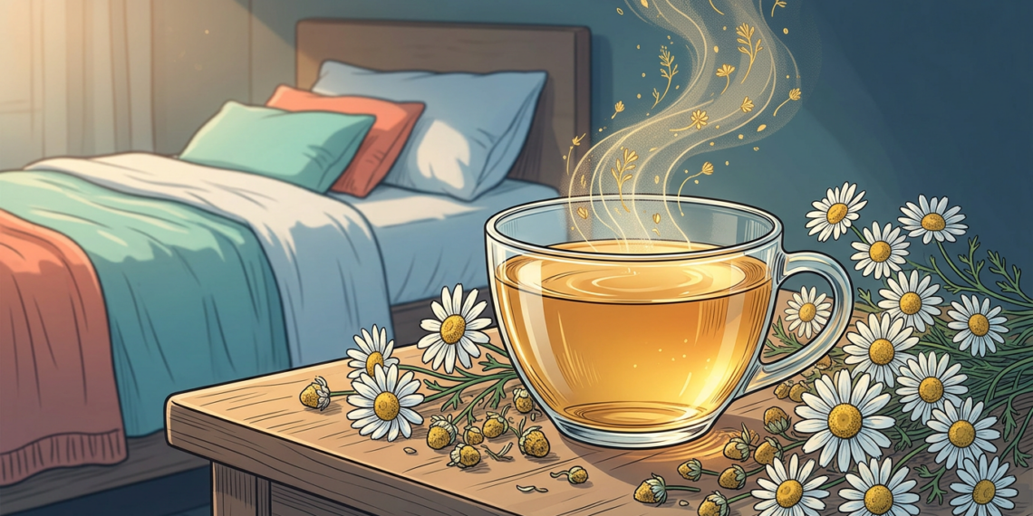 Taza de té de manzanilla con flores y vapor dorado en mesita de noche.