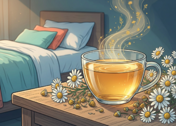 Taza de té de manzanilla con flores y vapor dorado en mesita de noche.