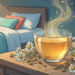 Taza de té de manzanilla con flores y vapor dorado en mesita de noche.