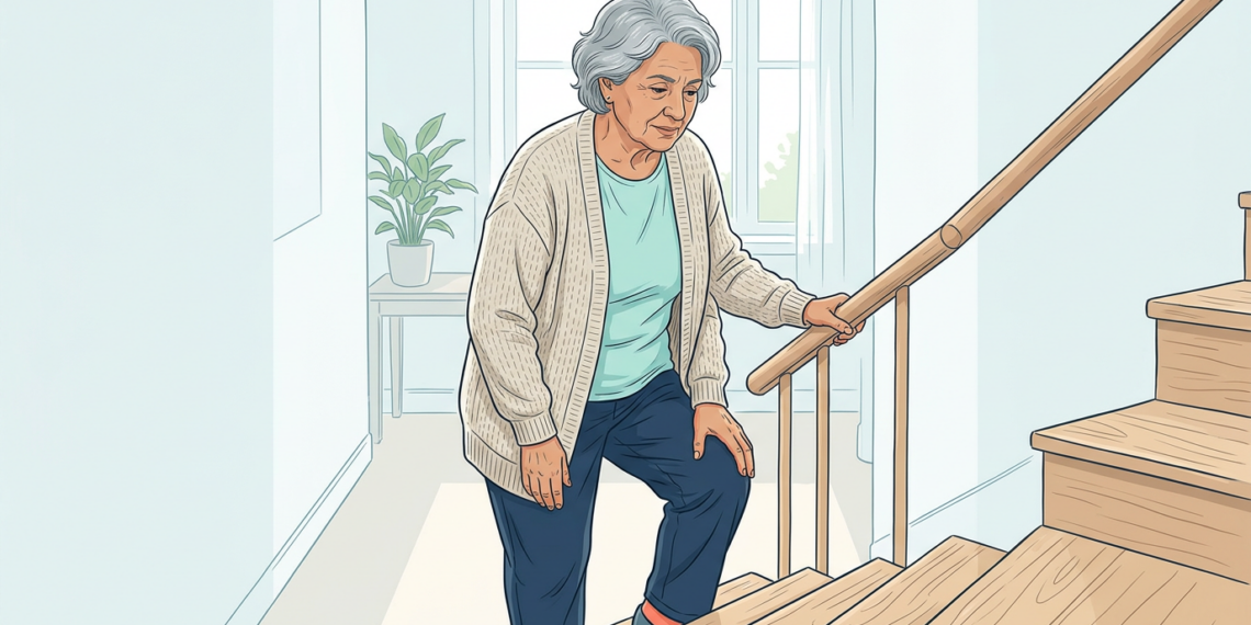 Ilustración de una mujer mayor subiendo unas escaleras de madera en su casa, sosteniéndose la rodilla con una mano y el pasamanos con la otra, mostrando signos de dolor articular.