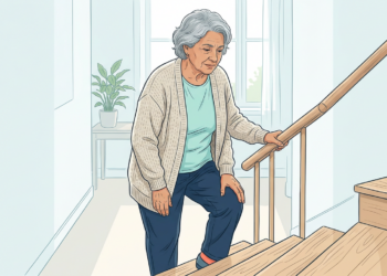 Ilustración de una mujer mayor subiendo unas escaleras de madera en su casa, sosteniéndose la rodilla con una mano y el pasamanos con la otra, mostrando signos de dolor articular.