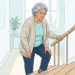 Ilustración de una mujer mayor subiendo unas escaleras de madera en su casa, sosteniéndose la rodilla con una mano y el pasamanos con la otra, mostrando signos de dolor articular.