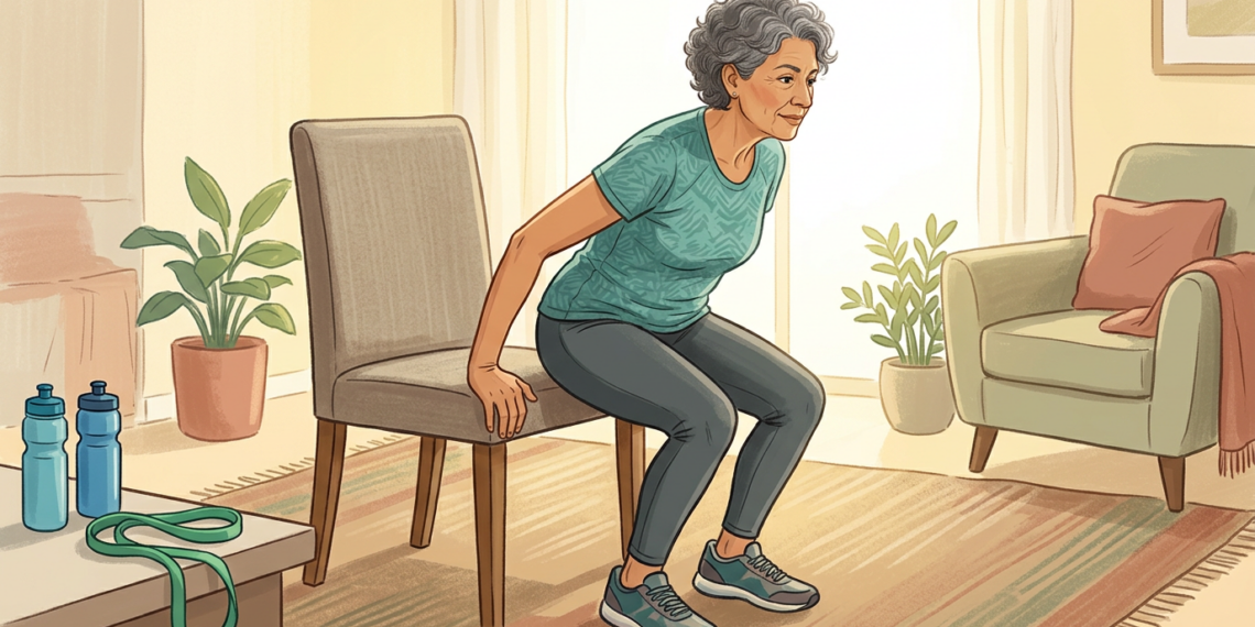 Ilustración de una mujer mayor haciendo un ejercicio de sentadilla con una silla en su sala de estar.