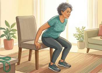 Ilustración de una mujer mayor haciendo un ejercicio de sentadilla con una silla en su sala de estar.