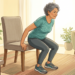 Ilustración de una mujer mayor haciendo un ejercicio de sentadilla con una silla en su sala de estar.