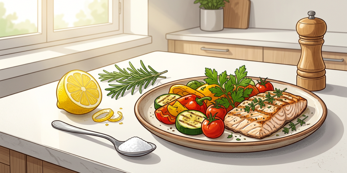Plato saludable con salmón y verduras junto a una cuchara con sal sobre una encimera de cocina.