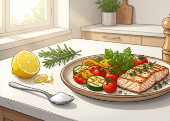 Plato saludable con salmón y verduras junto a una cuchara con sal sobre una encimera de cocina.