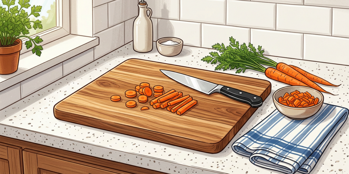 Tabla de cortar de madera sobre una encimera de cocina con zanahorias picadas, un cuchillo y utensilios de cocina.